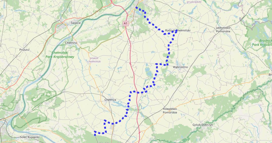 Mapa trasyToruń – Grudziądz (szlak rowerowy, niebieski)