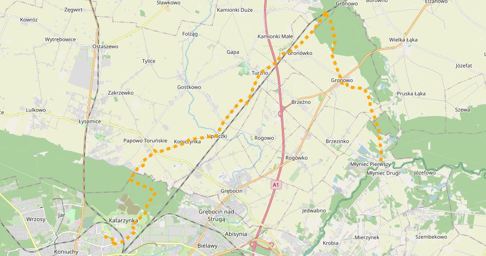 Mapa trasyToruń – Młyniec (szlak rowerowy żółty)