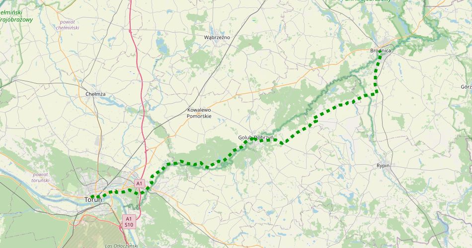 Mapa trasyToruń – Radomno (szlak rowerowy, zielony)